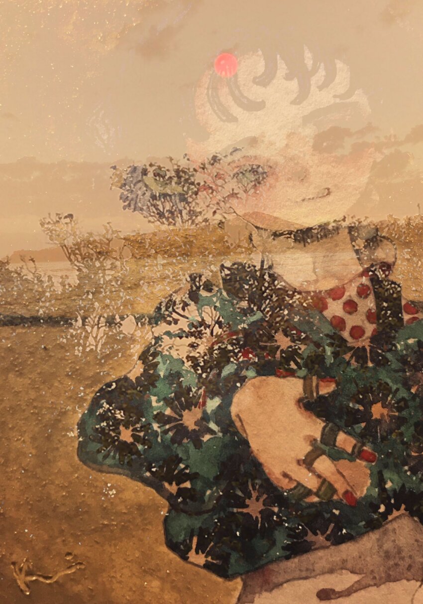 1girl acrylic_paint_(medium) blouse closed_mouth commentary_request highres jewelry karintoun landscape multiple_rings nail_polish original painting_(medium) plant red_nails reflection ring shirt signature sunset traditional_media watercolor_(medium)