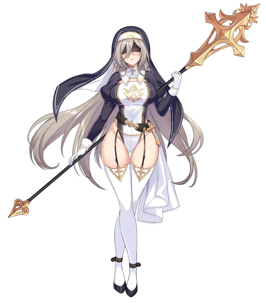 1girl belt black_shoes breasts claire_(lost_sword) covered_eyes game_cg gold gold_trim grey_hair large_breasts lost_sword:_tales_of_britania nun nun_headdress official_art shoes solo thighhighs thighs weapon white_background