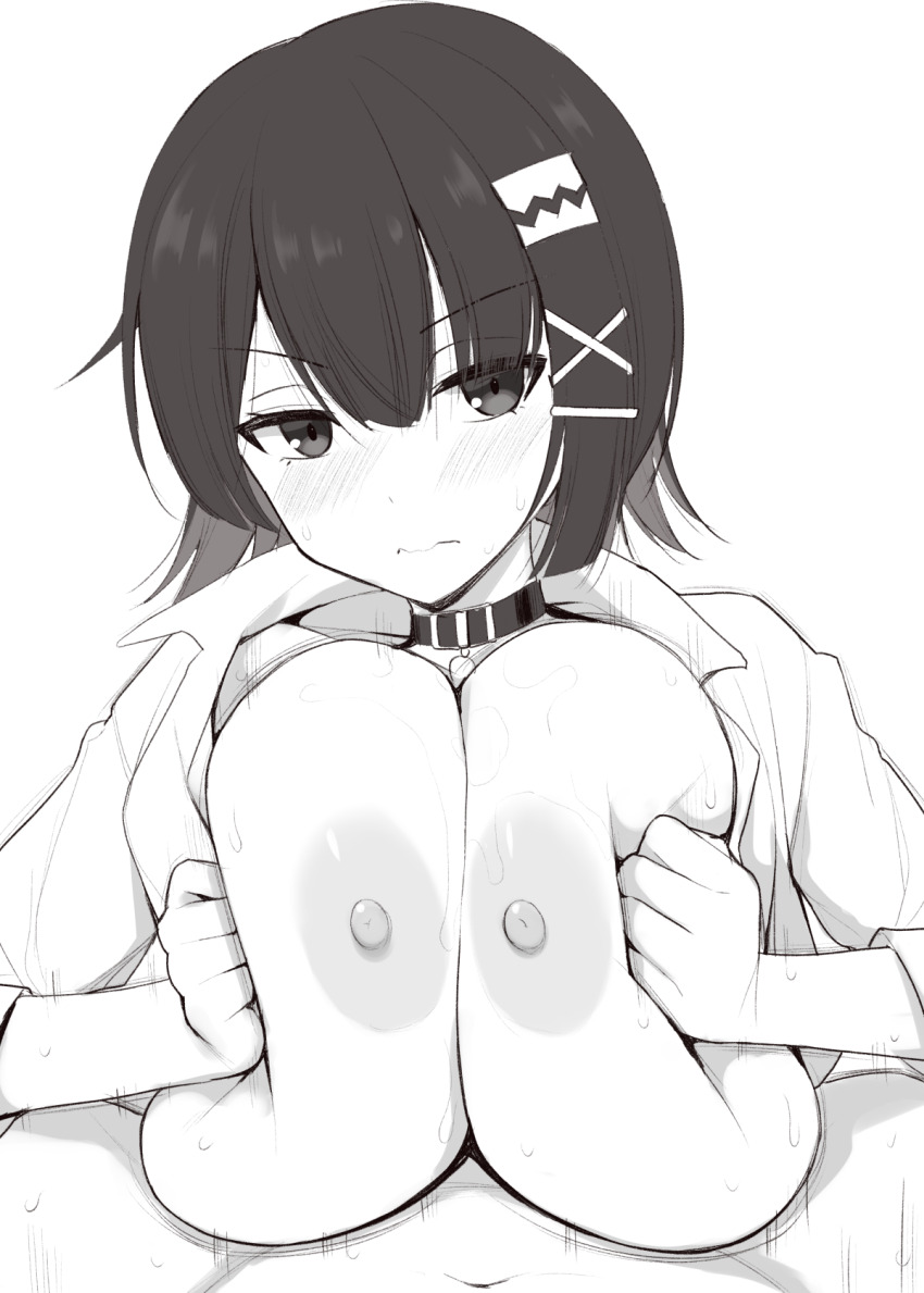 1boy 1girl blush breasts breasts_squeezed_together closed_mouth clothed_female_nude_male commentary_request ellen_joe greyscale hetero highres huge_breasts kurikara looking_at_viewer monochrome nipples nude paizuri pov razor_blade_hair_ornament short_hair simple_background solo_focus sweat zenless_zone_zero