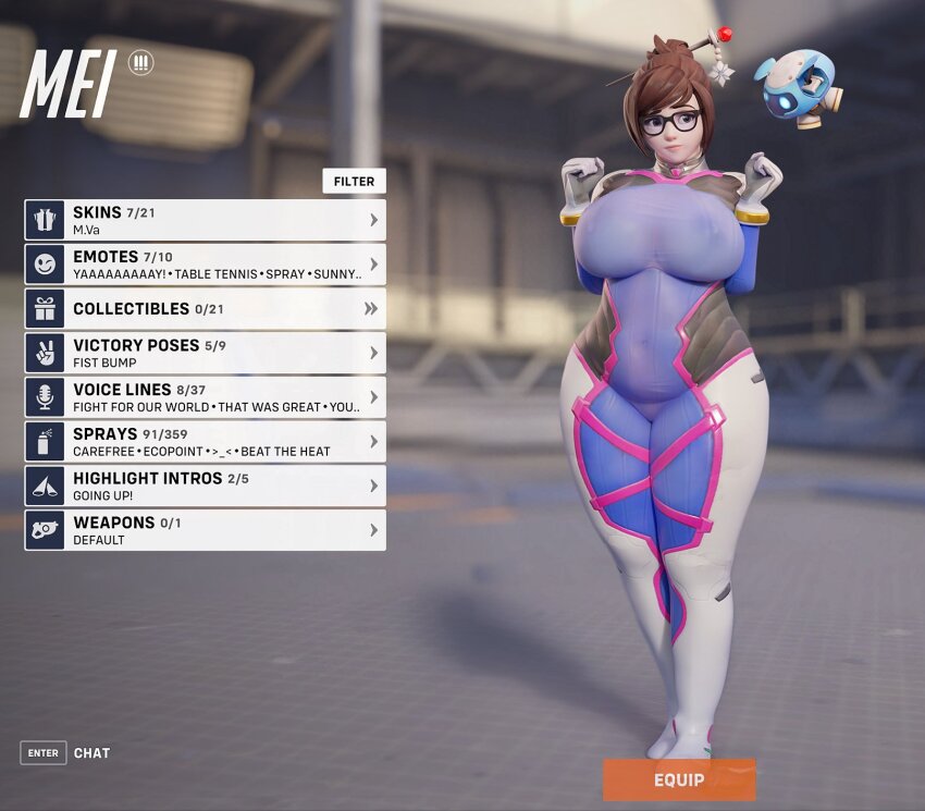 1girl 3d black-framed_eyewear blurry bodysuit breasts brown_eyes brown_hair character_name commentary cosplay covered_erect_nipples covered_navel curvy d.va_(overwatch) d.va_(overwatch)_(cosplay) depth_of_field english_commentary english_text fake_screenshot fugtrup full_body glasses hair_bun hair_ornament hair_stick highres huge_breasts mei_(overwatch) overwatch single_hair_bun snowball_(overwatch) solo standing wide_hips