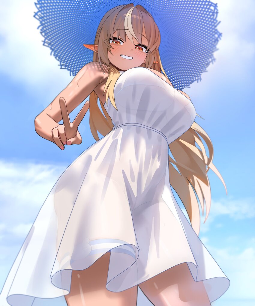 1girl alternate_costume bikini bikini_under_clothes blonde_hair blue_sky breasts brown_eyes cloud cloudy_sky commentary cowboy_shot dark-skinned_female dark_elf dark_skin day dress elf english_commentary from_below grin gurumie hat highres hololive large_breasts light_blush long_hair looking_at_viewer looking_down multicolored_hair outdoors pointy_ears see-through_clothes see-through_dress shiranui_flare sky sleeveless sleeveless_dress smile solo standing straw_hat streaked_hair sun_hat sundress sweat swimsuit thigh_strap two-tone_hair v very_long_hair virtual_youtuber white_bikini white_dress white_hair