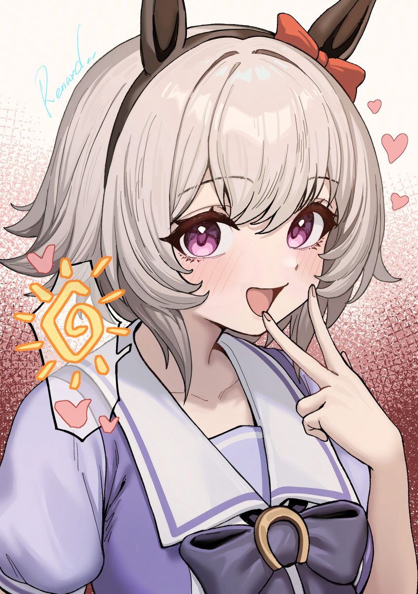 1girl absurdres animal_ears blush bow bowtie commentary_request curren_chan_(umamusume) ear_bow ear_covers grey_hair heart highres horse_ears horse_girl horseshoe_ornament looking_at_viewer open_mouth pleated_skirt puffy_short_sleeves puffy_sleeves purple_bow purple_bowtie purple_eyes purple_shirt red_bow renard_(pixiv_13710050) school_uniform shirt short_hair short_sleeves skirt smile solo spoken_sun tracen_school_uniform umamusume upper_body w w_over_mouth white_skirt