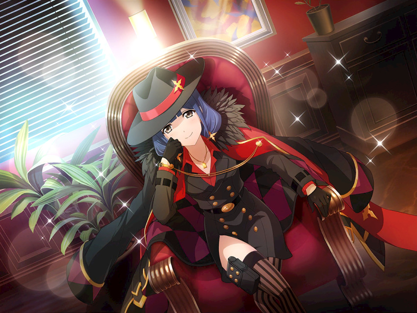 1girl armchair black_coat black_gloves black_hat black_jacket blue_hair brown_eyes brown_thighhighs chair closed_mouth coat collarbone crossed_legs dutch_angle fur_trim game_cg gloves half_gloves hanayagi_kaoruko hat holster indoors jacket jacket_on_shoulders jewelry long_sleeves looking_at_viewer necklace official_art shoujo_kageki_revue_starlight shoujo_kageki_revue_starlight_-re_live- sitting solo sparkle thigh_holster thighhighs top_hat upper_body
