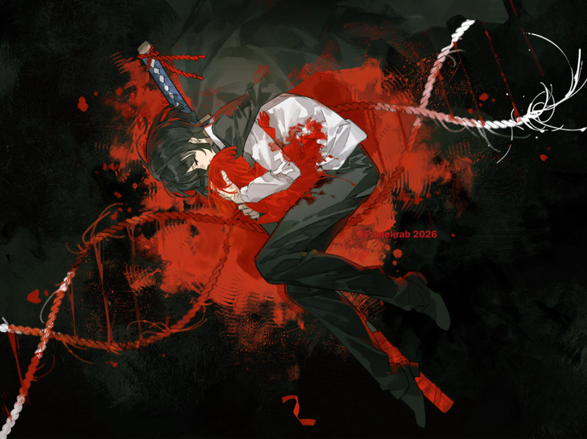 2girls araya_(project_moon) artist_name black_coat black_hair black_pants black_shoes blood blood_on_clothes blood_splatter chinese_commentary coat coat_on_shoulders collared_shirt commentary_request dna double_helix excessive_blood from_above full_body hug krab_(fumekrab) limbus_company long_sleeves lying multiple_girls on_side ootachi pants project_moon rope ryoshu_(project_moon) sheath sheathed shirt shoes short_hair sword weapon white_shirt