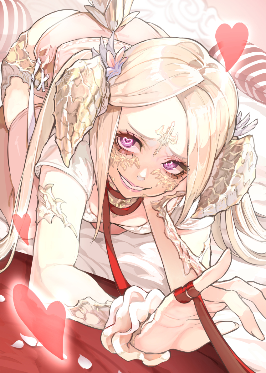 1girl absurdres all_fours au_ra blonde_hair commentary_request dragon_horns dragon_tail dutch_angle final_fantasy final_fantasy_xiv heart heart-shaped_pupils hide_(hideout) highres horns long_hair looking_at_viewer pink_thighhighs purple_eyes red_ribbon ribbon smile string string_of_fate symbol-shaped_pupils tail thighhighs white_scales