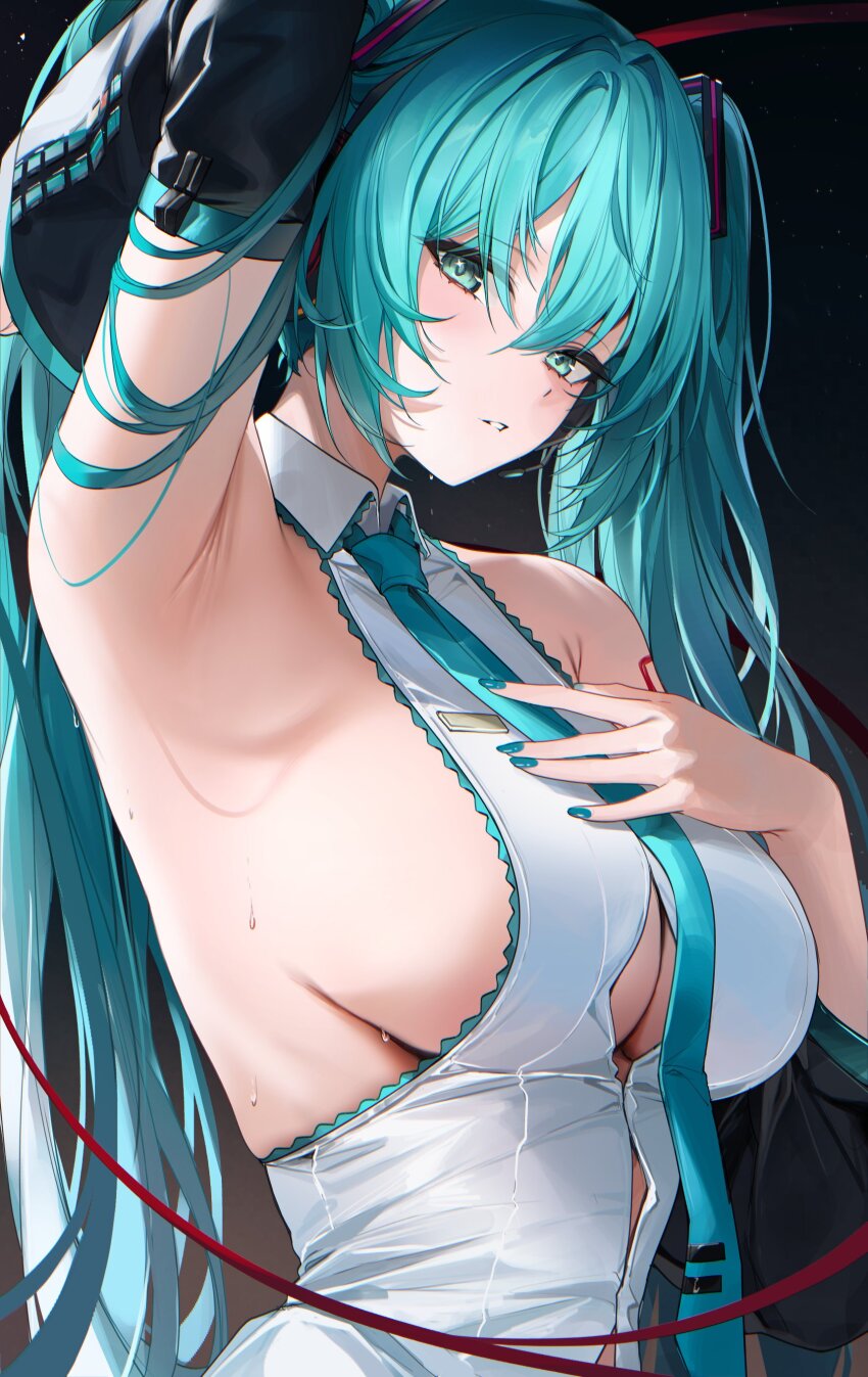 1girl absurdres aqua_hair arm_up armpits bare_shoulders black_background blush breasts detached_sleeves green_eyes green_nails hatsune_miku highres large_breasts long_hair looking_at_viewer nail_polish parted_lips re0n sideboob simple_background solo upper_body vocaloid