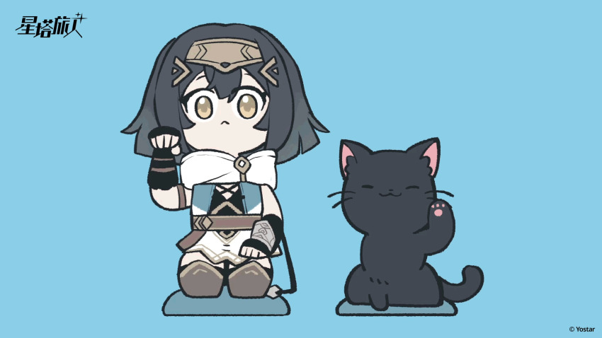 1girl :< :3 ^_^ amber_(stella_sora) animated animated_gif armor black_cat black_gloves black_hair black_thighhighs blue_background blue_dress blunt_ends boots brown_boots cat chinese_commentary closed_eyes closed_mouth commentary_request copyright_name copyright_notice dress fingerless_gloves frown gloves greaves head_tilt highres knee_boots looking_at_viewer looping_animation medium_hair official_art second-party_source seiza short_dress simple_background sitting sleeveless sleeveless_dress smile stella_sora thighhighs whitydragon yellow_eyes