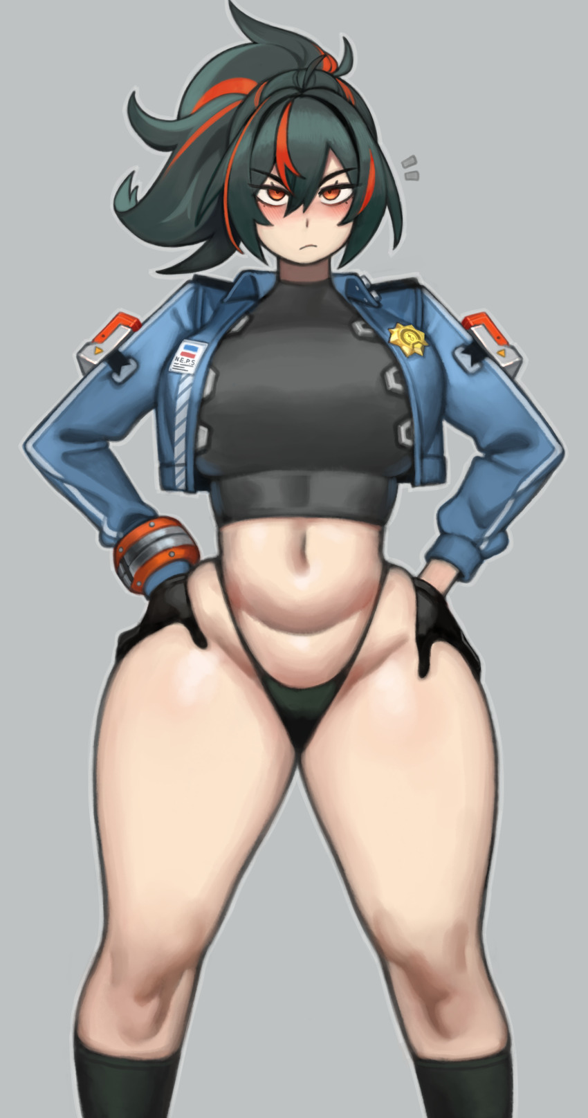 absurdres black_hair bottomless breasts commentary curvy english_commentary hands_on_own_hips highres jacket kelvin_hiu large_breasts legs looking_at_viewer multicolored_hair police police_uniform policewoman ponytail socks solo streaked_hair thick_thighs thighs underwear zenless_zone_zero zhu_yuan
