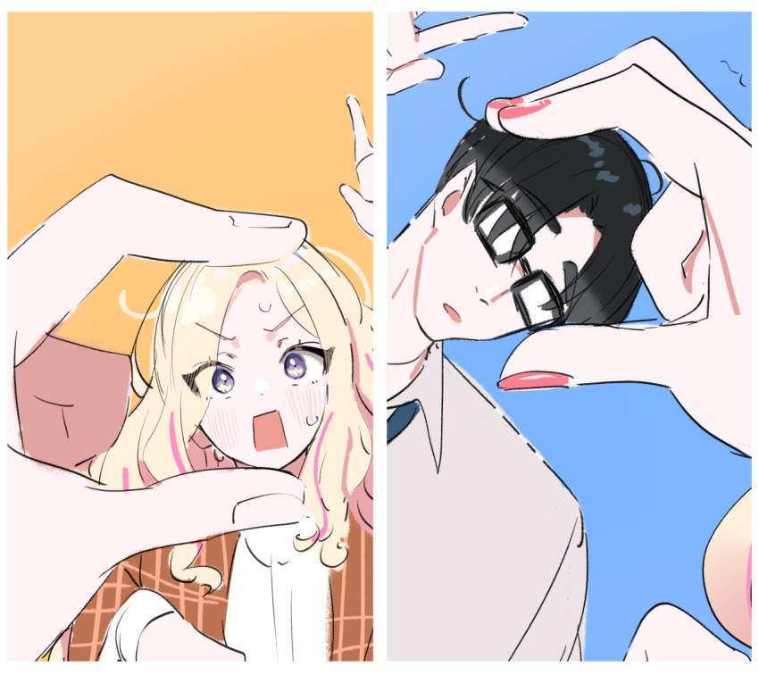 1boy 1girl :o black-framed_eyewear black_hair blonde_hair blush border brown_jacket commentary_request female_pov fingernails gakuen_idolmaster glasses head_tilt idolmaster jacket juo_sena kasasagi_(futagodori888) nail_polish nervous_sweating perspective pov pov_hands producer_(idolmaster) rectangular_mouth simple_background sweat v-shaped_eyebrows white_border