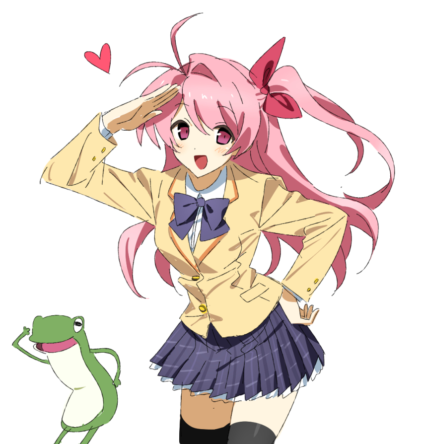 1girl alion_9715 antenna_hair bad_tag black_thighhighs blazer blush bow bowtie breasts brown_jacket chaos;head collared_shirt gero-froggy jacket lapels long_hair looking_at_viewer miniskirt notched_lapels one_side_up open_mouth petticoat pink_eyes pink_hair plaid_bow plaid_bowtie plaid_clothes pleated_skirt purple_bow purple_bowtie red_trim sakihata_rimi salute school_emblem school_uniform science_adventure shirt skirt small_breasts smile suimei_academy_school_uniform thighhighs tongue winter_uniform