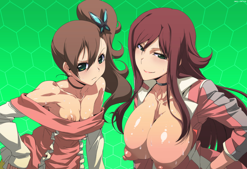 2girls age_difference akana_rui bad_id bad_pixiv_id bare_shoulders blush breasts brown_hair bug butterfly butterfly_hair_ornament choker chousoku_henkei_gyrozetter female_focus flat_chest frills green_background green_eyes hair_ornament hand_on_own_hip hexagon honeycomb_(pattern) honeycomb_background honeycomb_pattern huge_breasts inaba_rinne insect jaga_note long_hair looking_at_viewer multiple_girls nipples off_shoulder open_clothes open_shirt puffy_nipples red_hair shiny_skin shirt side_ponytail smile sweat topless_female
