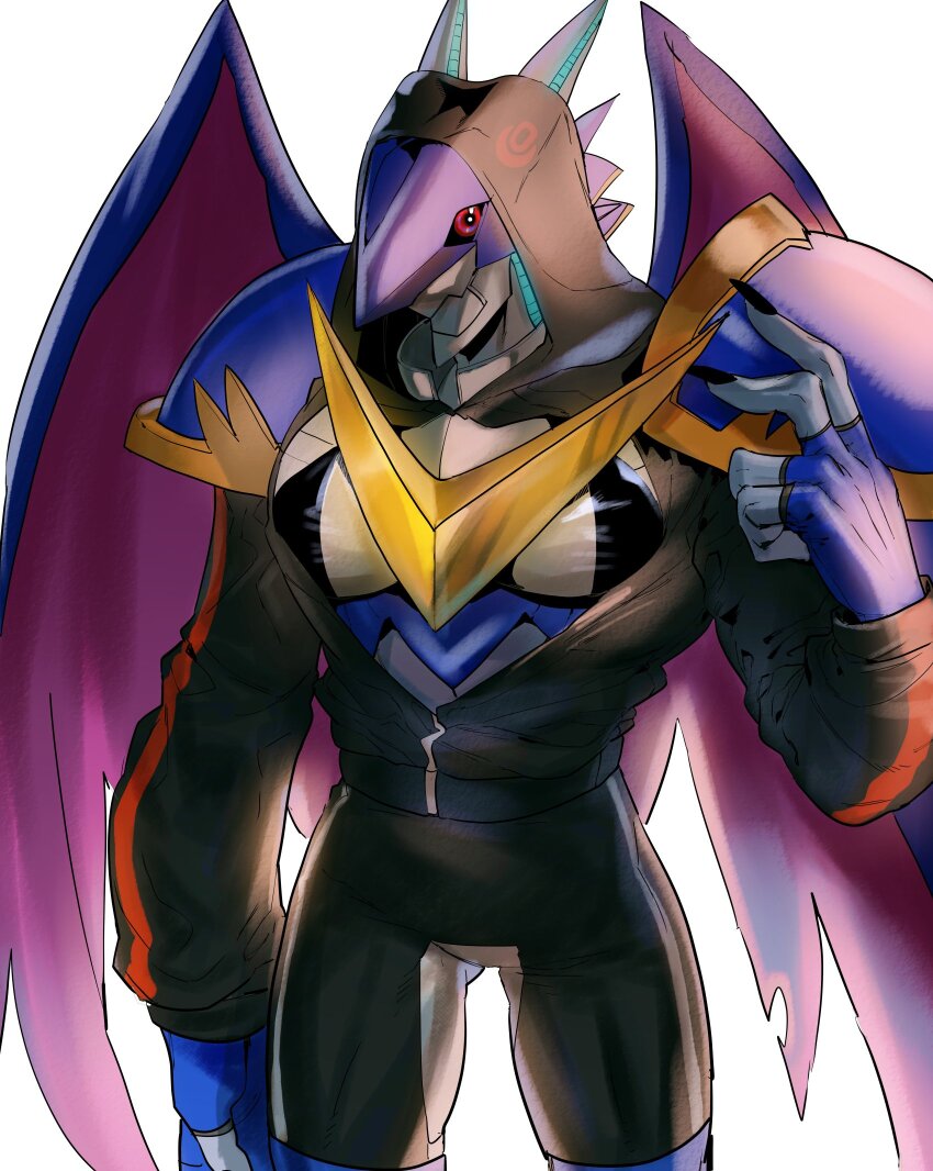 bikini bikini_top_only cosplay digimon digimon_(creature) highres muscular muscular_male red_eyes shinomiya_rina shinomiya_rina_(cosplay) solo swimsuit ulforcev-dramon what bad_tag wings