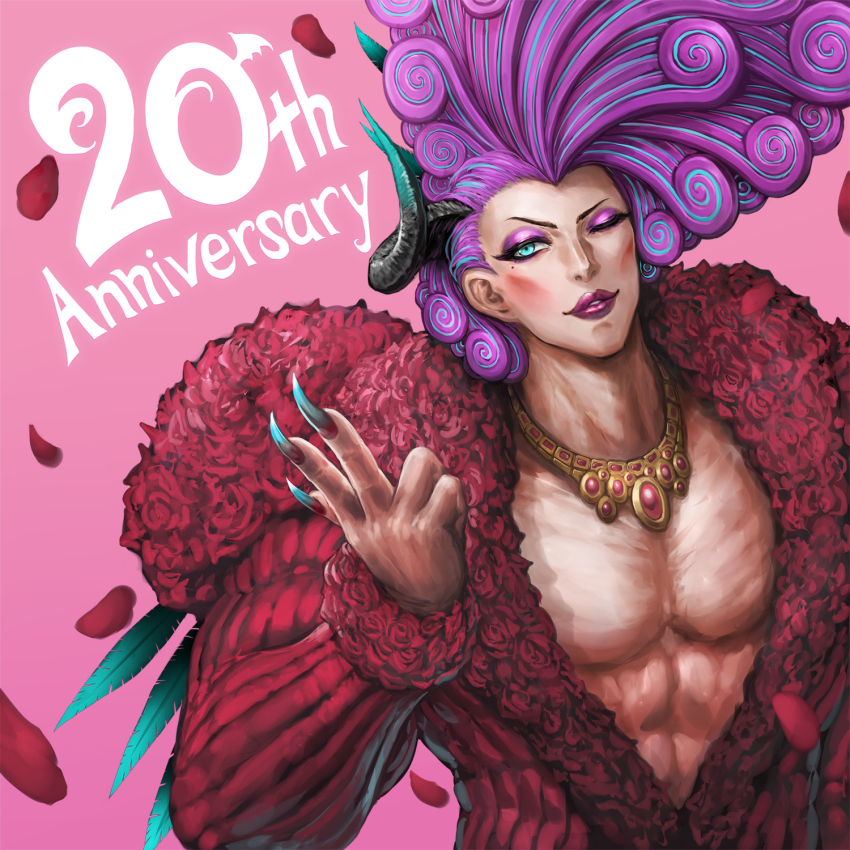 1boy abs blue_eyes center_opening commentary_request demon eyeliner fingernails happy_anniversary highres horns large_pectorals lips long_fingernails looking_at_viewer makeup male_focus milestone_celebration misawa_kei mole mole_under_eye muscular muscular_male official_art one_eye_closed pectorals pink_background pink_hair purple_eyeliner solo taimanin_(series)