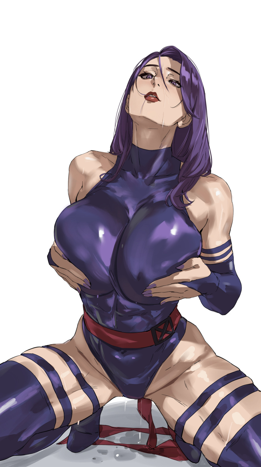 1girl abs absurdres bodysuit breasts butterfly_cutout curvy halter_leotard halterneck highleg highleg_leotard highres large_breasts leotard marvel muscular muscular_female psylocke purple_leotard revealing_clothes sash shiny_clothes shiny_skin sleeved_leotard solo superhero_costume taiyang_yu toned waist_sash wide_hips x-men x-men_(1992_video_game)
