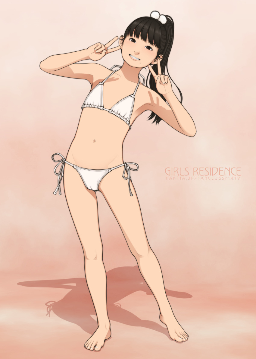 1girl absurdres asian bad_tag bare_shoulders barefoot bikini blunt_bangs blurry blurry_background brown_hair cameltoe contrapposto double_v flat_chest grin hair_bobbles hair_ornament halterneck hasegawa_kana highres loli looking_at_viewer mole mole_under_mouth original pink_background ponytail shinchou_ni_kansuru_kousatsu side-tie_bikini_bottom simple_background smile swimsuit v white_bikini