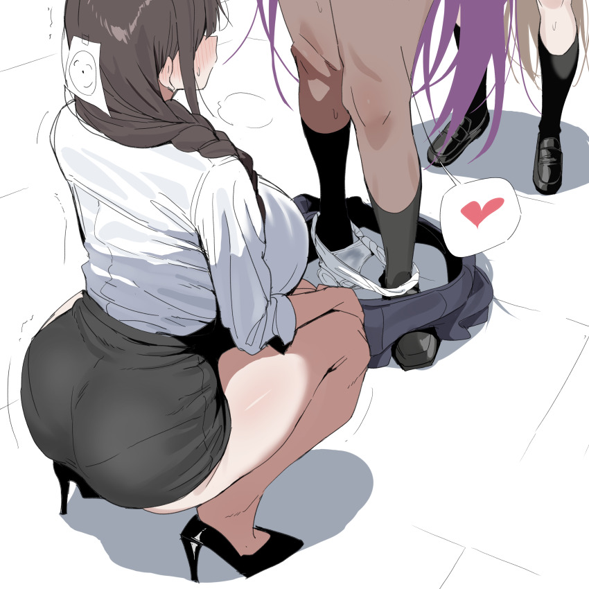 3girls absurdres ass asuna_(blue_archive) black_hair black_skirt blue_archive blush braid braided_ponytail breasts brown_hair commentary_request dark-skinned_female dark_skin female_sensei_(blue_archive) female_sensei_(blue_archive)_(xipa) highres karin_(blue_archive) large_breasts long_hair multiple_girls panties panty_pull pantylines purple_hair sensei_(blue_archive) shirt skirt squatting underwear very_long_hair white_panties white_shirt xipa yuri