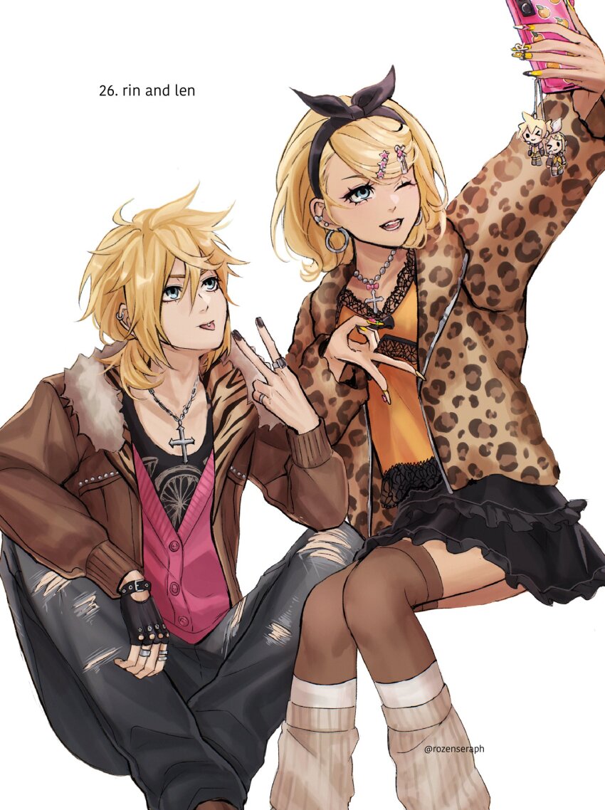 1boy 1girl animal_print baggy_pants bead_necklace beads black_bow black_gloves black_nails black_pants black_shirt black_skirt blonde_hair blue_eyes bow brown_jacket brown_thighhighs camisole cardigan cellphone cellphone_charm character_charm character_name charm_(object) commentary cross cross_necklace denim ear_piercing earrings english_commentary fake_nails fingerless_gloves fingernails frilled_skirt frills fur-trimmed_jacket fur_trim gloves gyaru gyaruo hair_bow hair_ornament hairclip highres hoop_earrings invisible_chair jacket jeans jewelry kagamine_len kagamine_rin kneehighs lace-trimmed_camisole lace_trim layered_legwear leopard_print long_fingernails long_sleeves loose_socks necklace one_eye_closed open_clothes open_mouth orange_camisole pants phone piercing pink_cardigan ponytail print_shirt ring rozenseraph selfie shirt short_hair short_ponytail silver_necklace single_glove sitting skirt smartphone smile socks star_(symbol) star_hair_ornament thighhighs tiger_print tongue tongue_out tongue_piercing torn_clothes torn_jeans torn_pants vocaloid white_socks yellow_nails