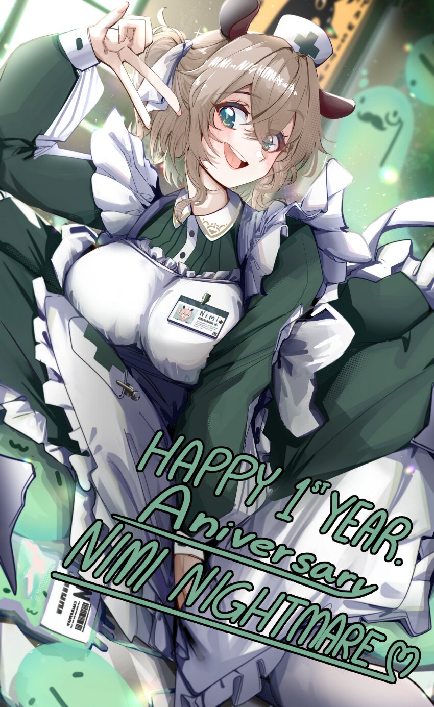1girl absurdres anniversary apron breasts brown_hair commentary cowboy_shot dress english_commentary green_dress hair_between_eyes hat highres indie_virtual_youtuber large_breasts nimi_nightmare nurse_cap open_mouth punpond smile solo v virtual_youtuber white_apron
