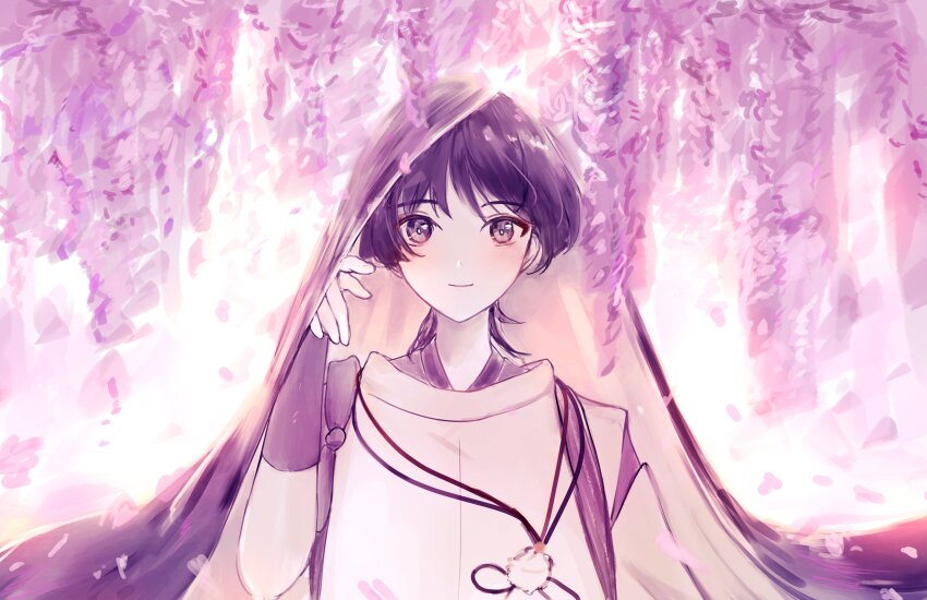 1boy absurdres aquisces_arts arm_at_side armor blue_eyes blunt_ends bow choppy_bangs closed_mouth clothing_cutout commentary english_commentary eyeliner falling_petals flower genshin_impact hand_up highres japanese_armor japanese_clothes kariginu kimono kote layered_sleeves looking_at_viewer makeup male_focus outdoors petals pink_petals pom_pom_(clothes) portrait purple_bow purple_eyes purple_hair purple_kimono purple_sleeves purple_veil red_eyeliner scaramouche_(genshin_impact) scaramouche_(kabukimono)_(genshin_impact) shoulder_cutout smile solo straight-on string tasuki veil white_sleeves wisteria