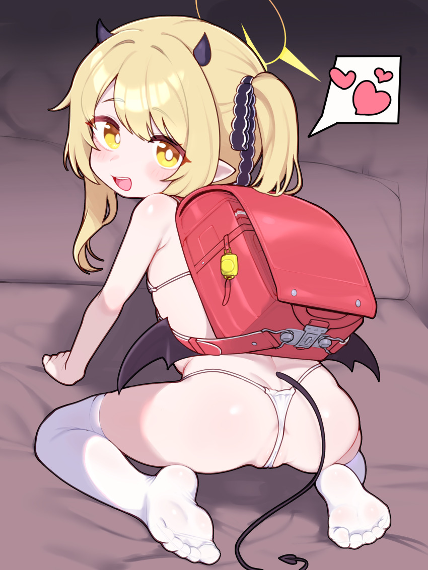 1girl absurdres backpack bag bikini black_horns black_tail black_wings blonde_hair blue_archive bright_pupils commentary crime_prevention_buzzer demon_girl demon_horns demon_tail demon_wings halo heart highres horns ibuki_(blue_archive) lk149 loli looking_at_viewer looking_back micro_bikini no_shoes open_mouth pointy_ears randoseru soles solo swimsuit tail thighhighs white_bikini white_thighhighs wings yellow_eyes yellow_halo