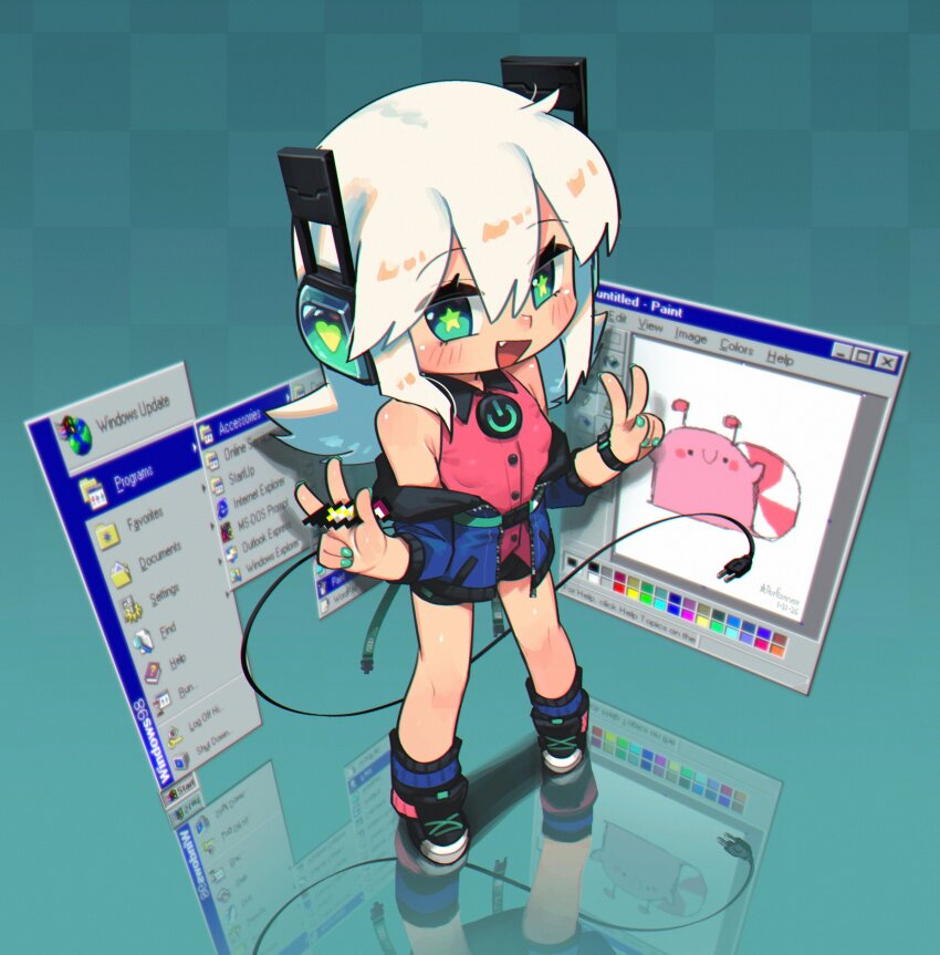 1girl :d absurdres armpit_crease bare_shoulders black_shoes black_shorts black_socks blue_jacket blush buttons checkered_background collared_shirt commentary digitan_(porforever) double-parted_bangs double_v fang full_body green_background green_nails hair_between_eyes hands_up headphones highres jacket long_hair long_sleeves looking_at_viewer microsoft_paint_(software) microsoft_windows nail_polish off_shoulder open_clothes open_jacket open_mouth original porforever red_shirt reflective_floor shirt shoes shorts sleeveless sleeveless_shirt smile sneakers socks solo standing star-shaped_pupils star_(symbol) start_menu striped_clothes striped_socks symbol-shaped_pupils v white_hair windows_classic