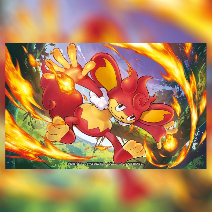 :3 closed_mouth cloud commentary company_name copyright_name copyright_notice english_commentary fire gen_5_pokemon nintendo official_art outdoors plant pokemon pokemon_tcg simisear sky smile solo third-party_source tree vines you8_pen