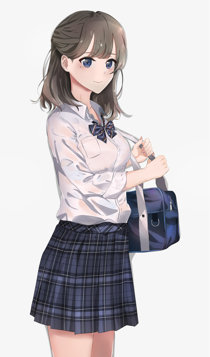 1girl acent_s bag black_bow black_bowtie blue_eyes bow bowtie breast_pocket breasts collared_shirt commentary_request grey_hair highres light_smile long_sleeves medium_hair mole mole_under_eye one_side_up original pocket shirt shoulder_bag simple_background skirt solo wet wet_clothes wet_shirt white_shirt