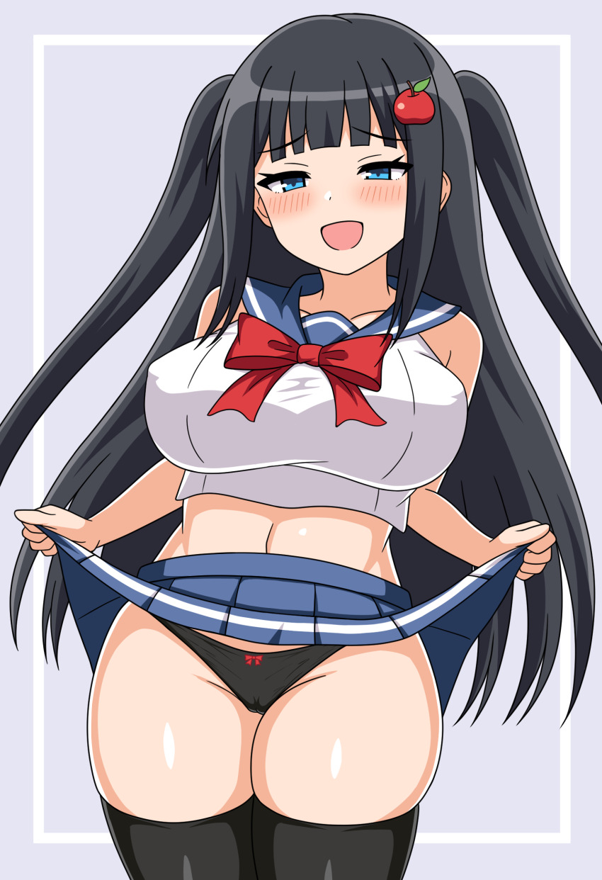 1girl :d absurdres apple_hair_ornament arm_up bare_arms black_panties black_thighhighs blue_eyes blue_skirt blunt_bangs blush breasts cameltoe clothes_lift collarbone commentary_request food-themed_hair_ornament grey_background hair_ornament highres large_breasts lifting_own_clothes long_hair navel open_mouth original panties pleated_skirt school_uniform seductive_smile shirt simple_background skirt skirt_lift sleeveless sleeveless_shirt smile solo tankuro_uri thighhighs two_side_up underwear variant_set white_background white_shirt
