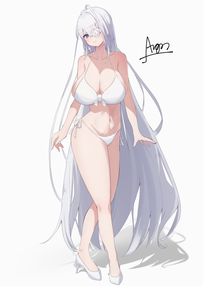 1girl absurdres argar_demo azur_lane bikini blue_eyes blush breasts closed_mouth collarbone earrings emden_(azur_lane) eyelashes fingernails flower glint hair_between_eyes high_heels highres huge_breasts jewelry long_hair mixed-language_commentary navel one_eye_covered shoes side-tie_bikini_bottom signature simple_background smile solo stomach swimsuit very_long_hair white_background white_bikini white_flower white_hair white_shoes