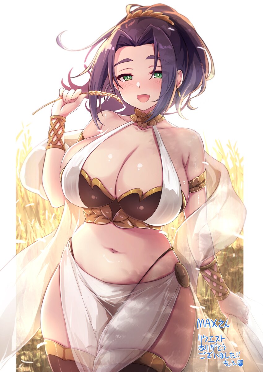 1girl absurdres armlet armpit_crease bare_shoulders bracelet breasts cleavage commentary_request commissioner_name cowboy_shot curvy ebihara_naho green_eyes highleg highleg_panties highres holding holding_plate huge_breasts idolmaster idolmaster_cinderella_girls jewelry open_mouth panties pelvic_curtain plate ponytail purple_hair satou_(kuso-neet) scarf second-party_source sling_bikini_top smile solo taut_clothes thick_thighs thighhighs thighs translation_request underwear wheat wheat_field