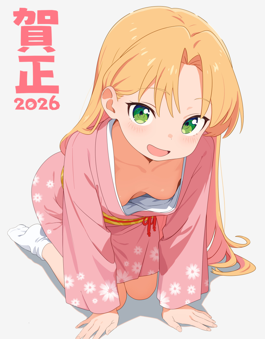1girl 2026 absurdres annrichan blonde_hair breasts downblouse green_eyes grey_background highres japanese_clothes kimono loli long_hair looking_at_viewer nengajou new_year pink_kimono ruri_no_houseki simple_background small_breasts solo tabi tanigawa_ruri