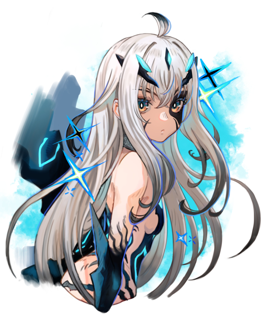 1girl ahoge body_markings breasts closed_mouth commentary cropped_torso fate/grand_order fate_(series) green_eyes hair_over_shoulder highres long_hair looking_at_viewer melusine_(fate) melusine_(third_ascension)_(fate) multicolored_eyes revision sideboob simple_background small_breasts solo symbol-only_commentary upper_body white_hair woong.i yellow_eyes