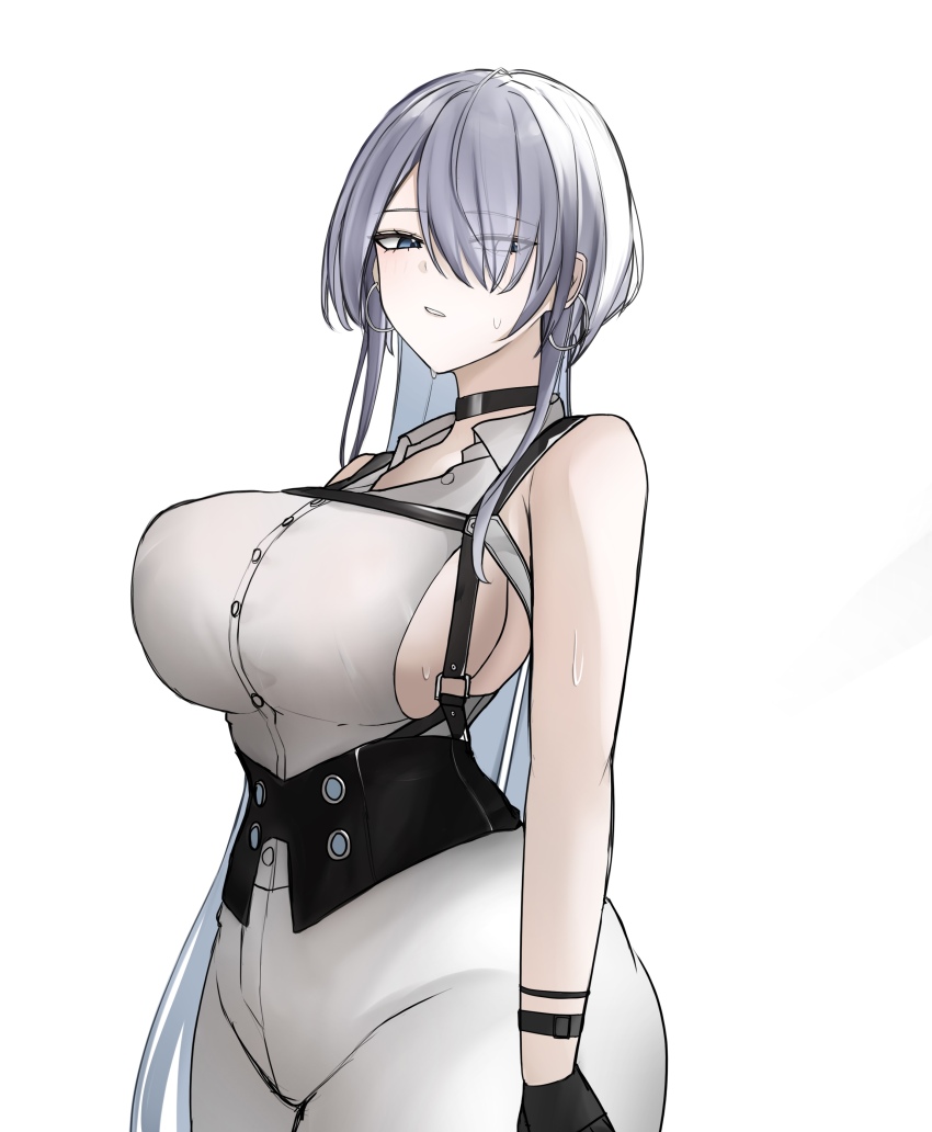 1girl absurdres bare_shoulders black_corset black_gloves blue_eyes breasts brid_(nikke) brid_(silent_track)_(nikke) chest_harness corset earrings eyes_visible_through_hair gloves goddess_of_victory:_nikke hair_over_one_eye harness highres hoop_earrings jewelry large_breasts long_hair looking_to_the_side pants parted_lips rebanira0330 sideboob sideless_shirt simple_background solo standing suspenders sweat tight_clothes tight_pants very_long_hair white_background white_pants