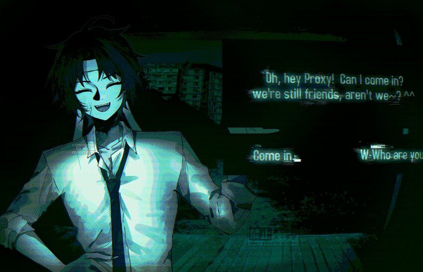 1boy absurdres aqua_theme asaba_harumasa black_hair black_necktie cityscape closed_eyes collarbone commentary dark dialogue_box dialogue_options english_text game_screenshot_background hand_on_own_hip headband highres male_focus necktie night_vision no_i'm_not_a_human open_mouth parody parted_bangs pov_peephole screenshot_background shirt short_hair solo sshooooe upper_body white_shirt zenless_zone_zero