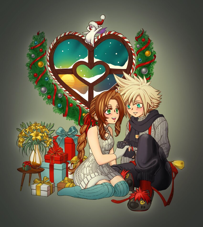 1boy 1girl aerith_gainsborough aerith_gainsborough_(fairy_of_snowfall) animal_slippers aqua_eyes aqua_thighhighs bare_shoulders bell belt black_gloves black_pants black_scarf blonde_hair box braid braided_ponytail breasts brown_hair cable_knit cargo_pants christmas christmas_ornaments christmas_present christmas_wreath clothing_cutout cloud_strife cloud_strife_(holiday_outfit) cowbell dress earrings final_fantasy final_fantasy_vii final_fantasy_vii:_ever_crisis fingerless_gloves flower full_body gift gift_box gloves green_eyes grey_background grey_sweater hair_ribbon hat herzenreine highres holding_hands interlocked_fingers jewelry kneeling knit_sweater lily_(flower) long_hair medium_breasts moogle multiple_belts no_shoes official_alternate_costume open_mouth pants parted_bangs parted_lips red_belt red_hair red_ribbon red_xiii red_xiii_(the_hellhound) ribbon santa_hat scarf short_hair sidelocks single_braid single_earring sitting slippers smile snow spiked_hair sunset suspenders sweater sweater_dress thigh_strap thighhighs vase white_gloves wreath yellow_flower