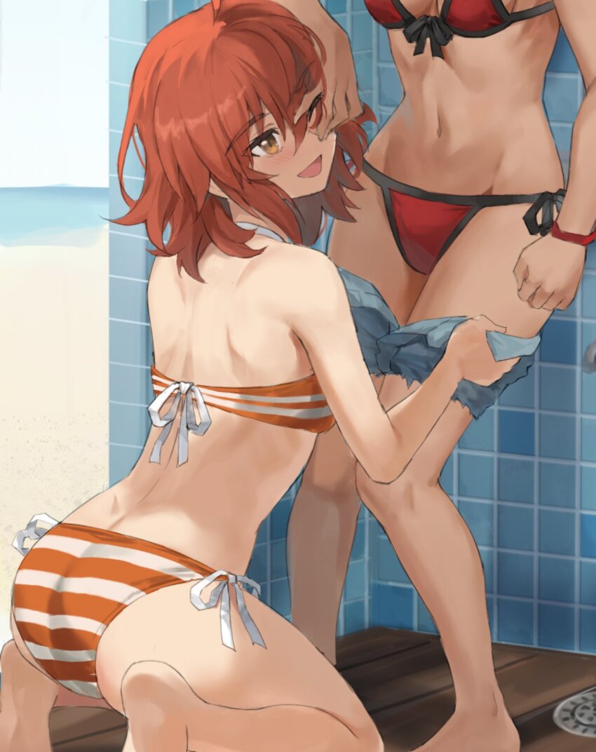 2girls ahoge ass bare_shoulders bikini blue_shorts breasts denim denim_shorts fate/grand_order fate_(series) fujimaru_ritsuka_(female) fujimaru_ritsuka_(female)_(brilliant_summer) hair_ornament hair_scrunchie highres medium_breasts mordred_(fate) mordred_(swimsuit_rider)_(fate) mordred_(swimsuit_rider)_(first_ascension)_(fate) multiple_girls navel one_eye_closed one_side_up open_mouth orange_bikini orange_eyes orange_hair orange_scrunchie red_bikini scrunchie short_hair shorts small_breasts smile squatting striped_bikini striped_clothes swimsuit thighs tonee yuri