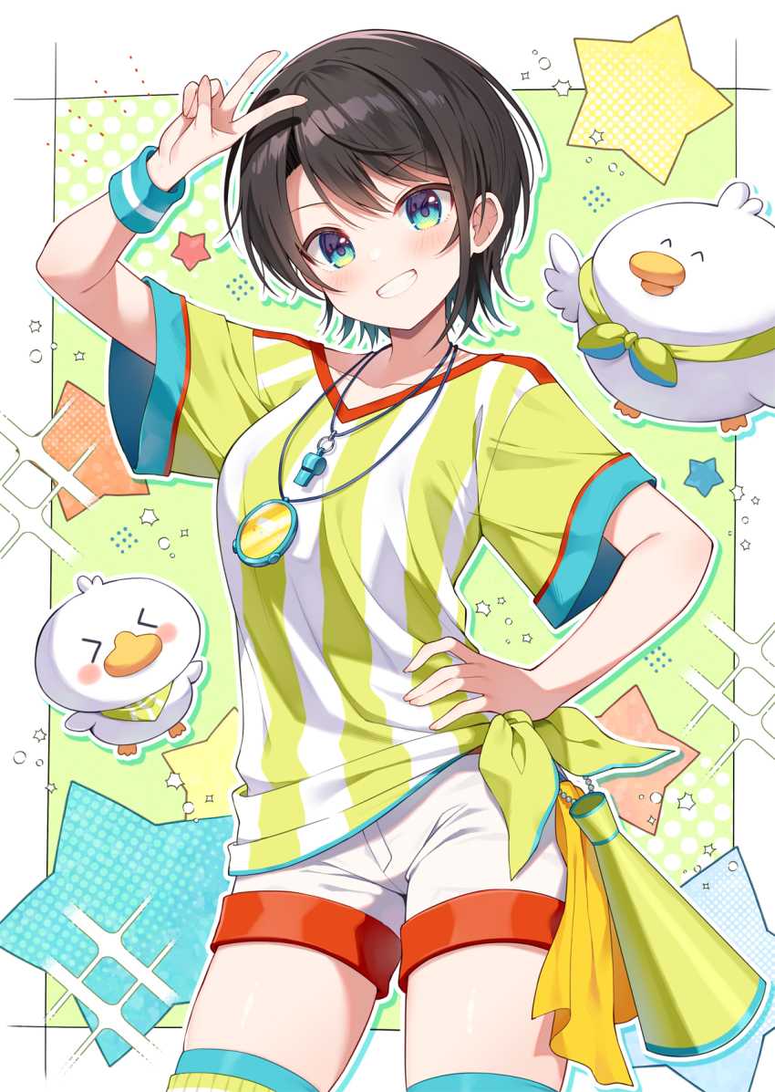 1girl black_hair blue_eyes clenched_teeth hand_on_own_hip hashtag-only_commentary highres hololive looking_at_viewer mauve oozora_subaru oozora_subaru_(1st_costume) shirt short_hair short_sleeves shorts smile solo star_(symbol) striped_clothes striped_shirt subaru_duck teeth thighs v vertical-striped_clothes vertical-striped_shirt virtual_youtuber white_shorts