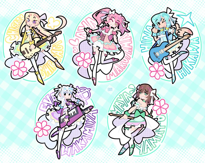 :d absurdres aqua_hair bang_dream! bang_dream!_girls_band_party! blonde_hair blue_eyes blush bourbunbun bow braid brown_hair dress green_eyes hair_bow hair_ribbon highres hikawa_hina long_hair maruyama_aya medium_hair multiple_girls open_mouth pastel_palettes_(bang_dream!) pink_eyes pink_hair purple_eyes ribbon shirasagi_chisato short_hair side_braids sidelocks smile twin_braids twintails wakamiya_eve white_hair yamato_maya