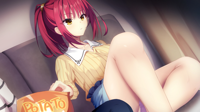1girl blue_skirt blunt_bangs blush breasts calamity_saika chips_(food) closed_mouth commentary_request couch dutch_angle eyelashes eyes_visible_through_hair feet_out_of_frame food futamihara_ririko hair_between_eyes highres indoors knee_up large_breasts legs light_frown limelight_lemonade_jam long_sleeves looking_ahead medium_hair miniskirt on_couch panties ponytail potato_chips purple_panties red_hair shirt sidelocks sitting skirt solo striped_clothes striped_shirt thighs tsurime underwear vertical-striped_clothes vertical-striped_shirt yellow_eyes yellow_shirt