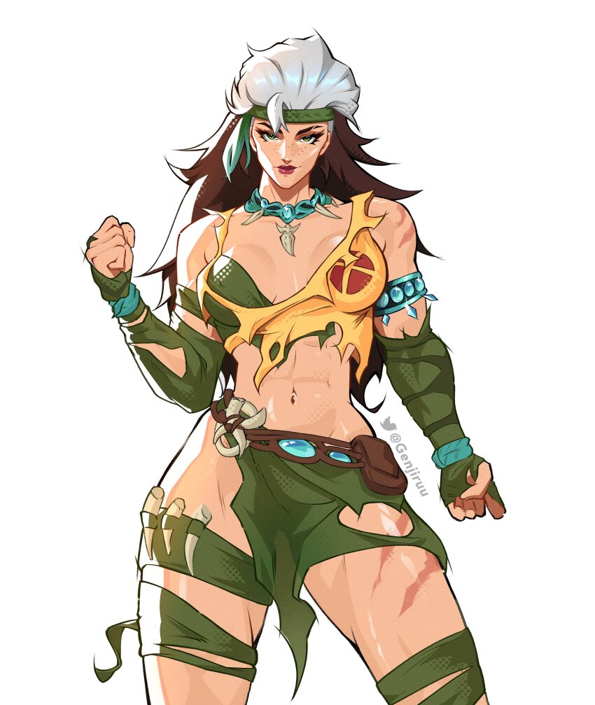 1girl absurdres breasts brown_hair colored_bangs genjiruu green_eyes green_headband headband highres large_breasts long_hair looking_at_viewer marvel marvel_rivals multicolored_hair rogue_(x-men) smile solo superhero_costume two-tone_hair white_hair x-men