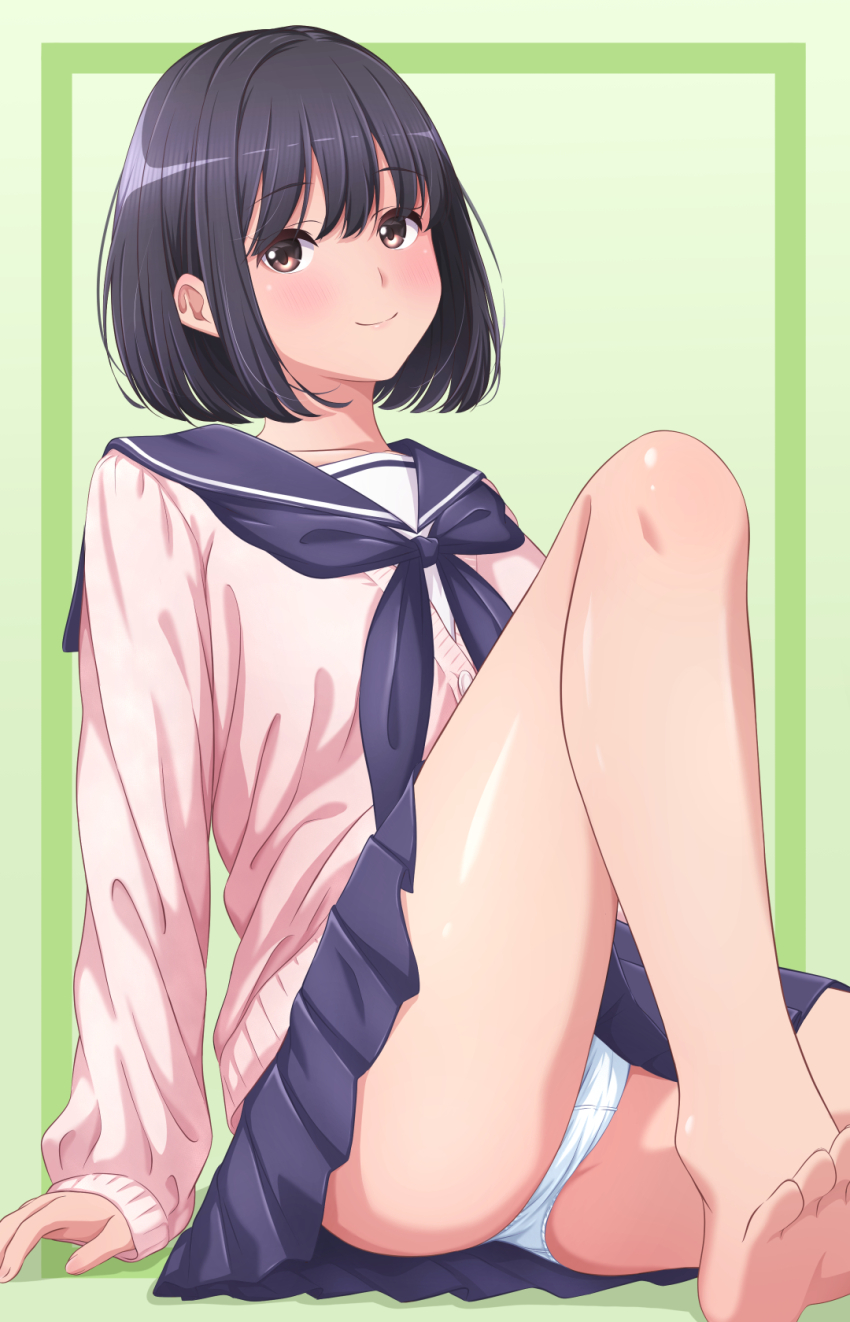 1girl akippoi_0919 arm_support bare_legs black_hair blue_sailor_collar blush brown_eyes cardigan commentary_request glasses green_background highres knee_up long_sleeves looking_at_viewer original panties pink_cardigan sailor_collar school_uniform short_hair sitting smile soles toes underwear white_panties