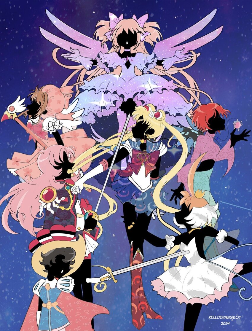 6+girls ahiru_(princess_tutu) ahoge artist_name bishoujo_senshi_sailor_moon black_hair blue_sailor_collar blue_skirt boots bow bowtie brown_hair cape cardcaptor_sakura character_request commentary copyright_request crossover crown dated double_bun dress elbow_gloves english_commentary epaulettes epee frilled_dress frills fuuin_no_tsue genre_connection gloves hair_bow hair_bun hat highres holding holding_sword holding_weapon inner_senshi kaname_madoka kellidraws kinomoto_sakura kinomoto_sakura_(magician) knee_boots long_hair mahou_shoujo_madoka_magica mahou_shoujo_madoka_magica:_hangyaku_no_monogatari mini_crown miniskirt mob_cap multiple_crossover multiple_girls ootori_gakuen_school_uniform open_mouth outstretched_arms pink_dress pink_hair pink_hat princess_sapphire princess_tutu princess_tutu_(character) puffy_short_sleeves puffy_sleeves red_boots red_bow red_bowtie red_cape red_hair ribbon_no_kishi sailor_collar sailor_moon sailor_senshi sailor_senshi_uniform school_uniform short_hair short_sleeves shoujo_kakumei_utena skirt sky spread_arms star_(sky) starry_sky sword sword_of_dios tenjou_utena tsukino_usagi tutu twintails ultimate_madoka weapon white_dress white_gloves wings