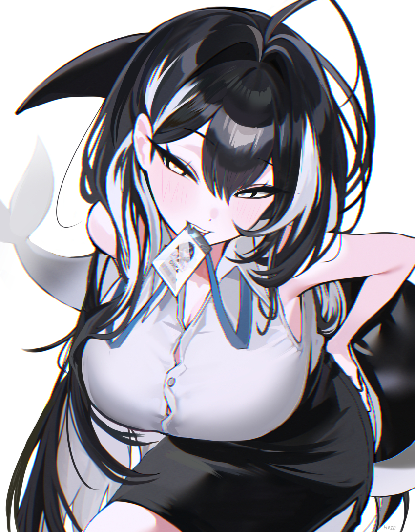 1girl absurdres ahoge arm_behind_back artist_name bare_arms black_skirt breasts card_in_mouth cetacean_tail cleavage collared_shirt commentary commentary_request cowboy_shot english_commentary fins fish_tail hair_between_eyes hand_on_own_hip haze_(7h4ze) highres id_card lanyard large_breasts leaning_forward light_blush looking_at_viewer mixed-language_commentary mouth_hold multicolored_hair office_lady open_mouth orca_(haze_(7h4ze)) orca_girl original pencil_skirt shirt simple_background skirt sleeveless sleeveless_shirt solo tail two-tone_hair white_background white_eyes white_hair white_shirt