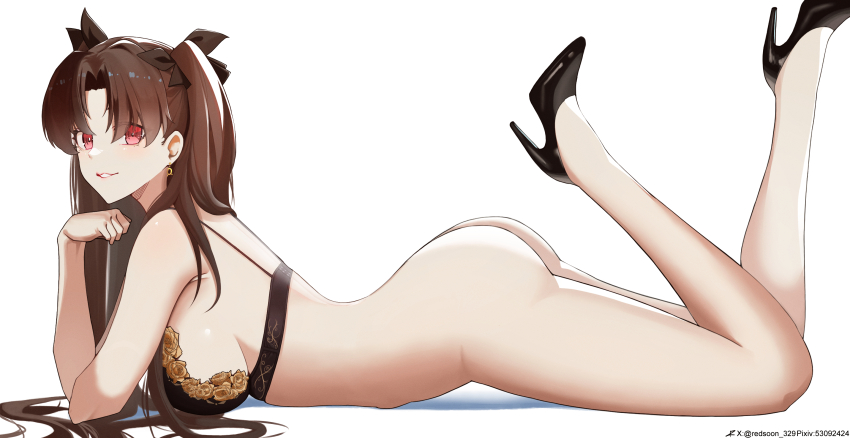 1girl ass black_bra bottomless bra breasts brown_hair commentary_request earrings elbow_rest fate/grand_order fate_(series) from_side gold_earrings grin high_heels highres ishtar_(fate) jewelry long_hair looking_at_viewer lying medium_breasts on_stomach red_eyes redsoon simple_background smile solo two_side_up underwear very_long_hair white_background