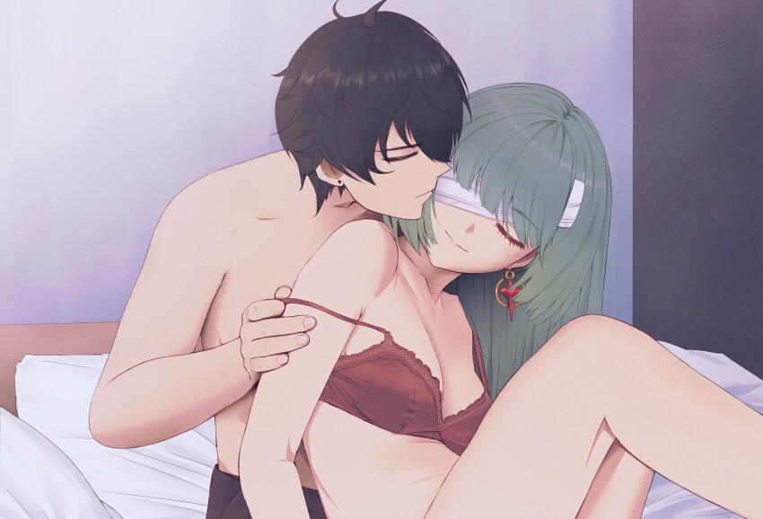 1boy 1girl absurdres bandage_over_one_eye bare_shoulders black_hair bra breasts cheseu cleavage closed_eyes closed_mouth collarbone commentary earrings foreplay grey_hair hetero highres indoors jewelry long_hair male_rover_(wuthering_waves) medium_breasts on_bed phrolova_(wuthering_waves) red_bra rover_(wuthering_waves) sitting smile strap_slip underwear wuthering_waves