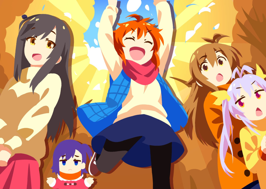 5girls :o ^_^ ahoge antenna_hair arms_up autumn black_hair black_pantyhose blue_eyes blue_skirt blue_vest brown_eyes brown_hair brown_sweater chestnut_mouth closed_eyes commentary english_commentary forest hair_ribbon highres ichijou_hotaru jacket koshigaya_komari koshigaya_natsumi long_hair majormilk miyauchi_hikage miyauchi_renge multiple_girls nature non_non_biyori one_side_up open_mouth orange_jacket orange_scarf pantyhose pink_sweater purple_hair red_hair red_scarf red_skirt ribbon scarf skirt smile standing standing_on_one_leg sweater tree v-shaped_eyebrows vest yellow_ribbon yellow_sweater