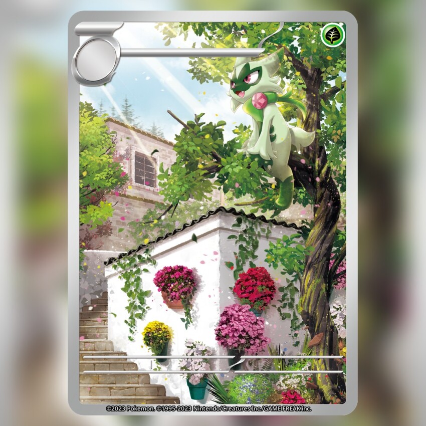 blue_sky building card_(medium) cloud commentary company_name copyright_name copyright_notice day english_commentary fang floragato in_tree light_particles nintendo official_art open_mouth outdoors pink_eyes pokemon pokemon_(creature) pokemon_card pokemon_focus pokemon_tcg saitou_kouki sky smile solo stairs sunlight textless_version third-party_source trading_card tree window