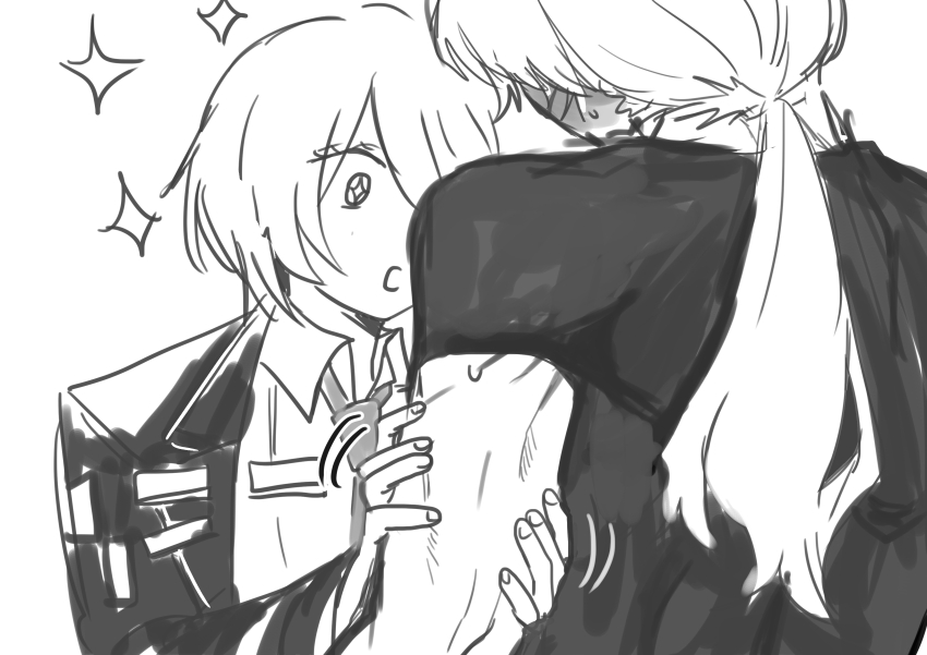 1boy 1girl a_certain_sinclair_(project_moon) absurdres arm_at_side awestruck blush breast_pocket collared_shirt commentary don_quixote_(project_moon) dress_shirt eyelashes fingernails greyscale hair_over_one_eye highres holding_another's_arm jacket lapels limbus_company long_hair long_sleeves looking_at_another low_ponytail monochrome necktie nugii open_clothes open_jacket open_mouth pocket ponytail project_moon shirt short_hair short_sleeves sinclair_(project_moon) sketch sparkling_eyes suit_jacket sweatdrop swept_bangs toned toned_male undershirt white_background wing_collar