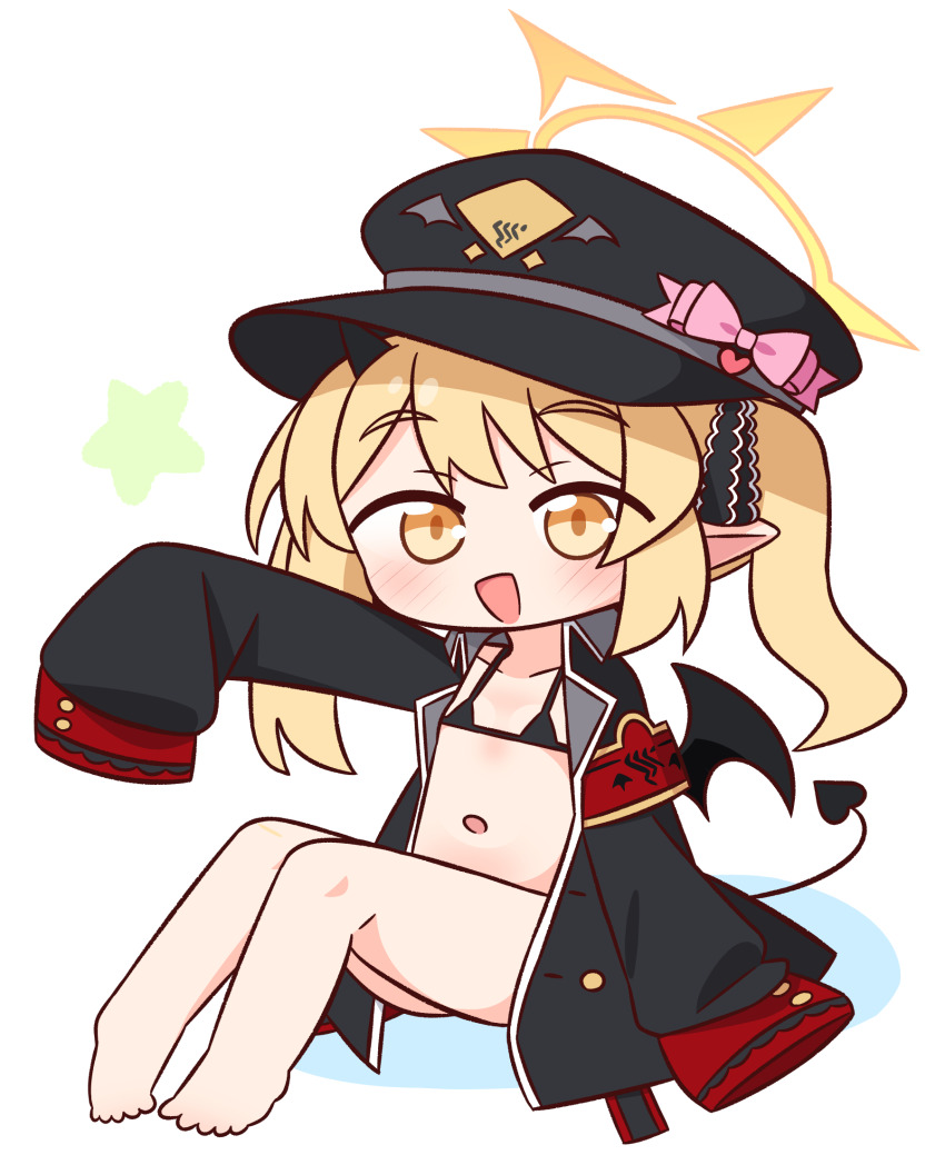 1girl :d armband barefoot bikini bikini_under_clothes black_bikini black_hat blonde_hair blue_archive blush bow brown_eyes chibi colored_shadow demon_girl demon_tail demon_wings full_body halo hana_kazari hat hat_bow heart highres ibuki_(blue_archive) jacket loli long_sleeves looking_at_viewer micro_bikini navel open_clothes open_jacket open_mouth peaked_cap pink_bow pointy_ears puffy_long_sleeves puffy_sleeves shadow simple_background sitting sleeves_past_fingers sleeves_past_wrists smile solo star_(symbol) swimsuit tail twintails white_background wings