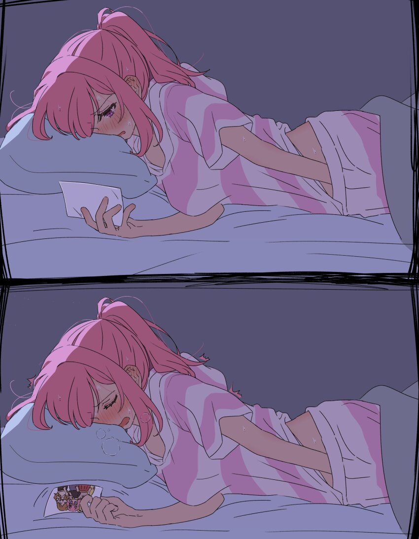 1girl absurdres amaori_haruna amaori_renako bed blush closed_eyes female_masturbation furrowed_brow highres hood hooded_sweater implied_incest indoors krill55 long_hair lying masturbation masturbation_under_clothes on_bed open_mouth ouzuka_mai pillow pink_hair ponytail purple_eyes sena_ajisai sidelocks sweat sweater two-tone_hoodie under_covers watashi_ga_koibito_ni_nareru_wake_naijan_murimuri!